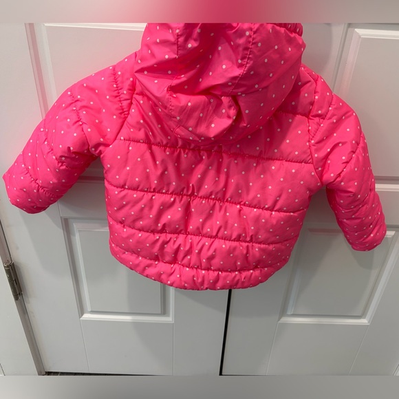 USED 24mo girls puffy snowsuit, Carter’s, pink/gray winter jacket & overalls - Picture 6 of 16